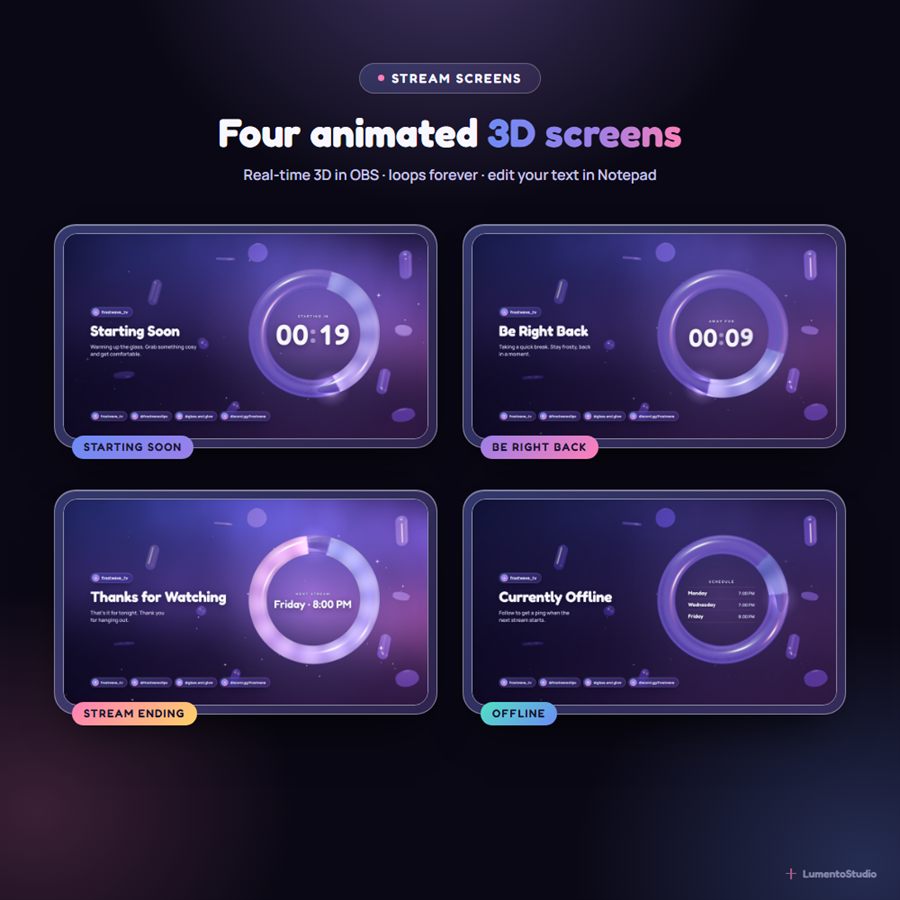 Frostwave animated 3D stream screens: Starting Soon, Be Right Back, Stream Ending and Offline