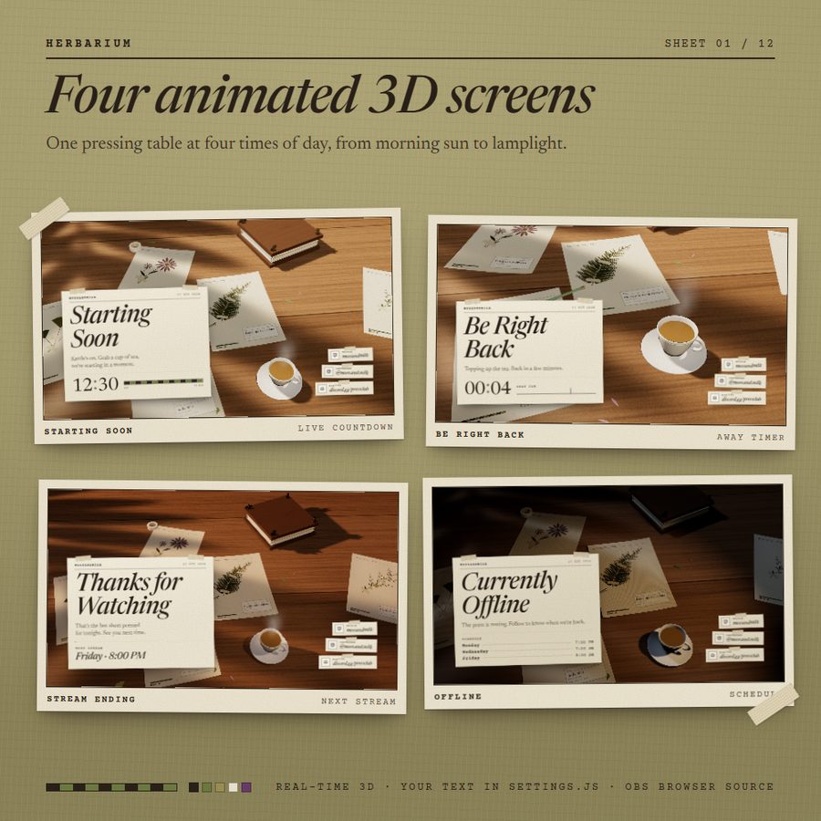 Herbarium animated 3D stream screens: Starting Soon, Be Right Back, Stream Ending and Offline