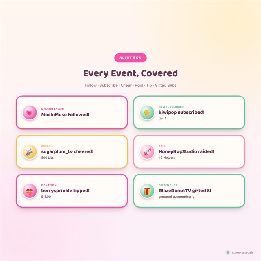 Kawaii Pastel alert box for follows, subs, cheers, raids and tips