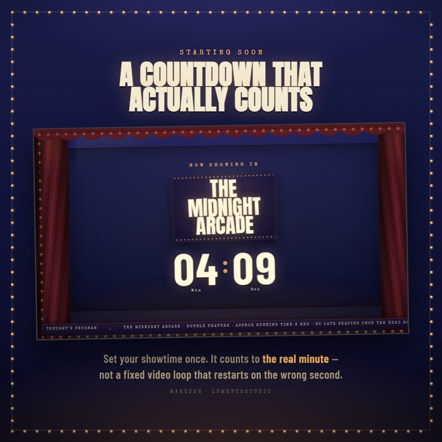 Marquee animated Starting Soon screen with live countdown
