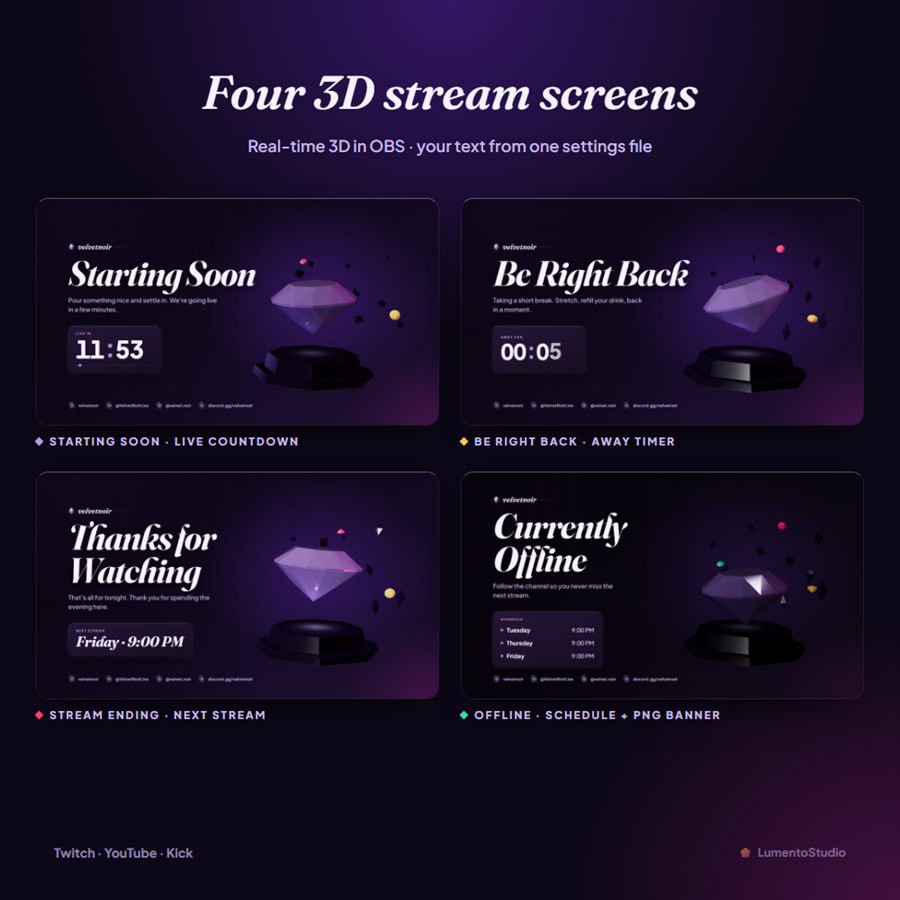 Obsidian Gloss animated 3D stream screens: Starting Soon, Be Right Back, Stream Ending and Offline