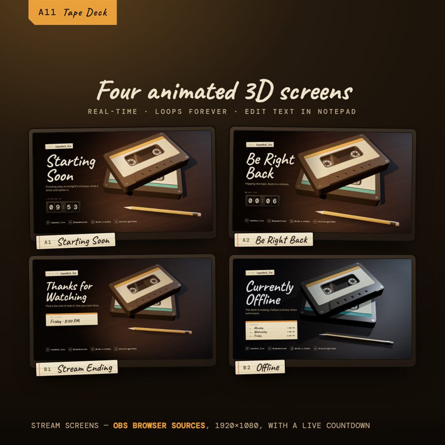 Tape Deck animated 3D stream screens: Starting Soon, Be Right Back, Stream Ending and Offline