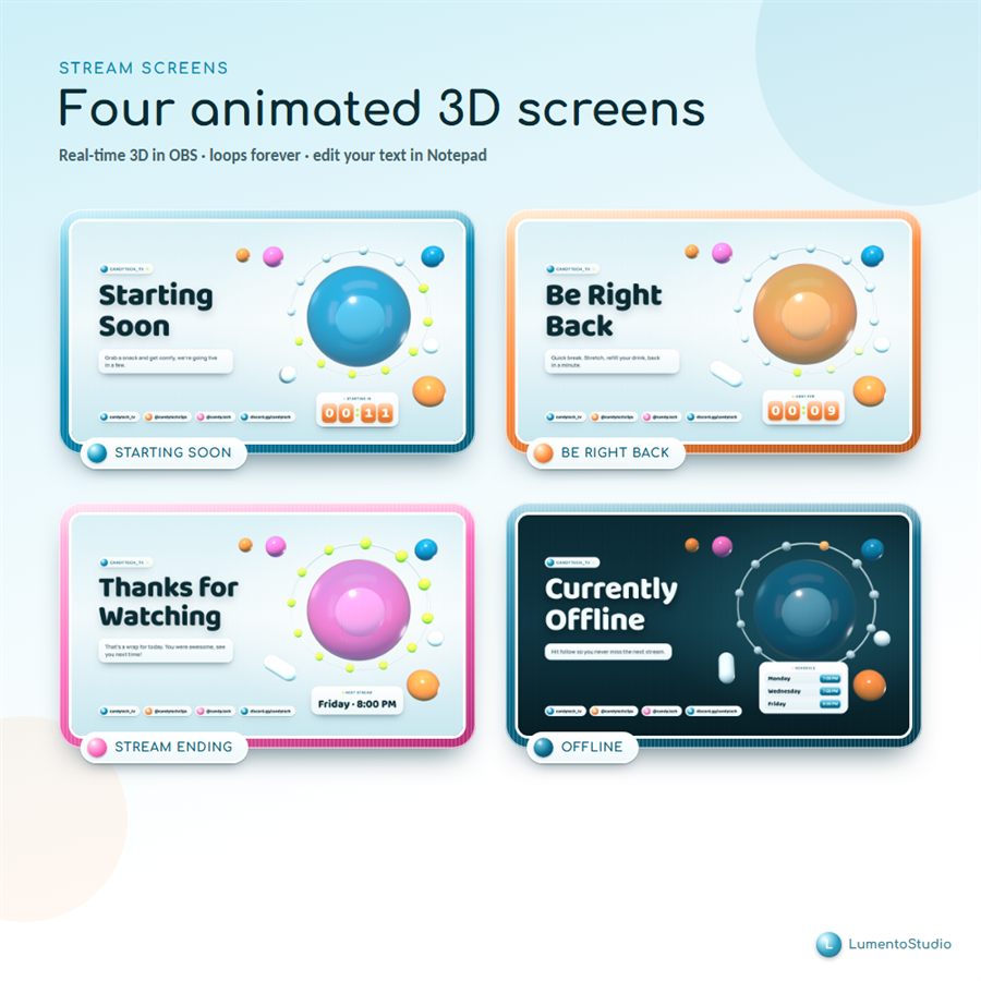 Y2K Candy Tech animated 3D stream screens: Starting Soon, Be Right Back, Stream Ending and Offline